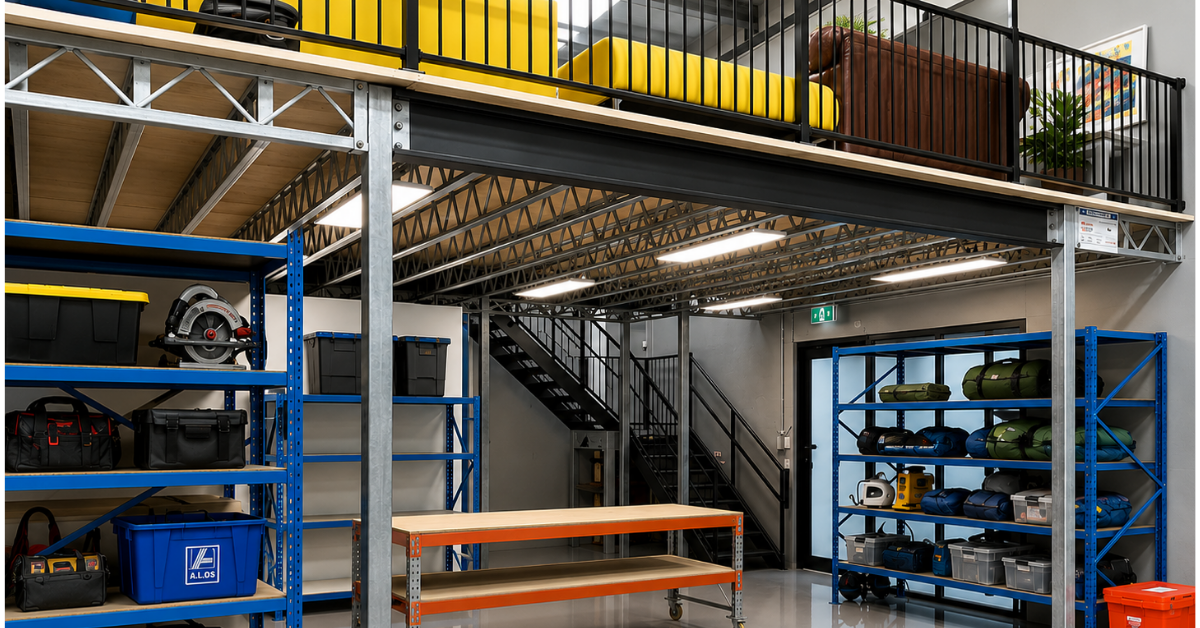 Heavy-duty steel shelving units in an organised Australian workshop with storage racks and shelving for efficient storage.