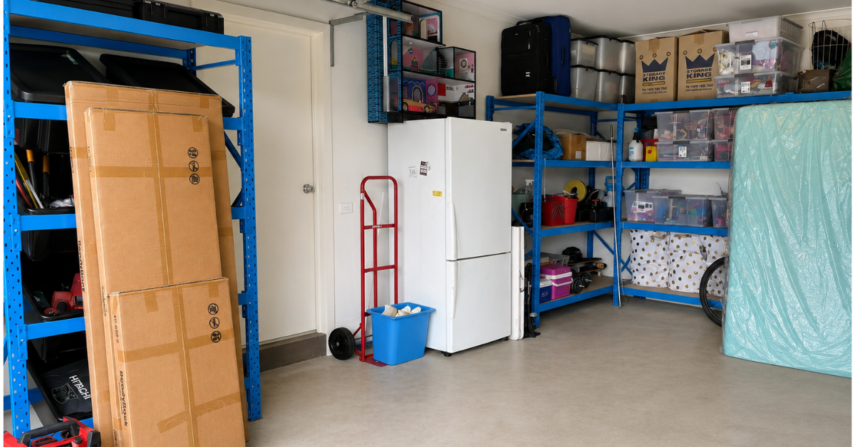 Organised garage with heavy-duty steel shelving, storage tubs and garage storage cabinets creating a practical garage storage solution.