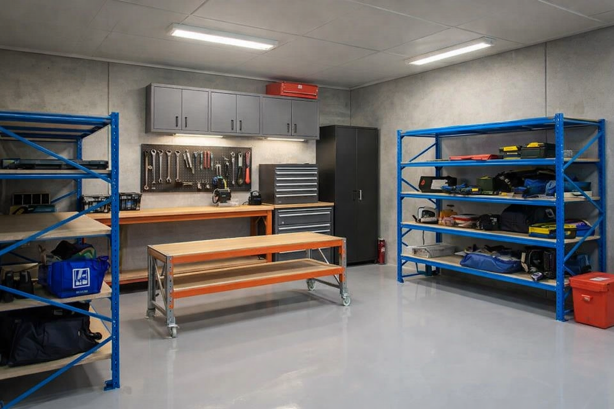 Workshop & garage storage with heavy-duty shelving units and organised workspace