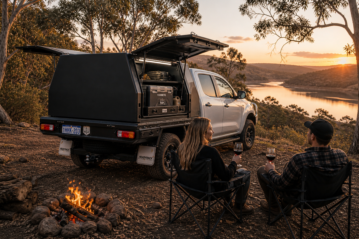 Aluminium ute canopy camping setup in Australian bush with organised storage, open canopy doors, and couple enjoying campfire at sunset