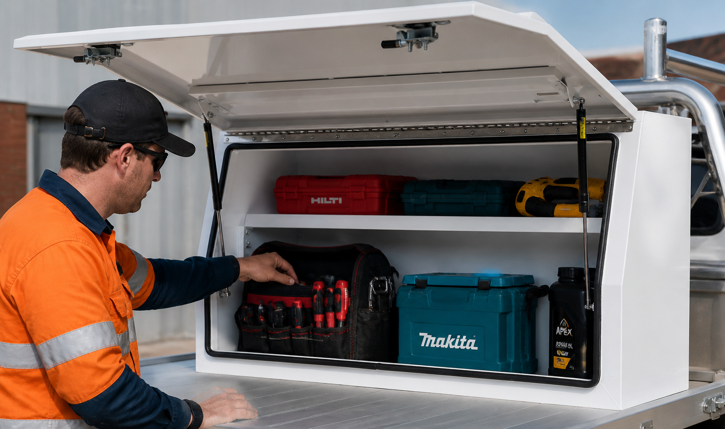 Tradesman using under-tray toolbox on aluminium ute tray with organised tools at worksite, heavy-duty ute storage solution in action