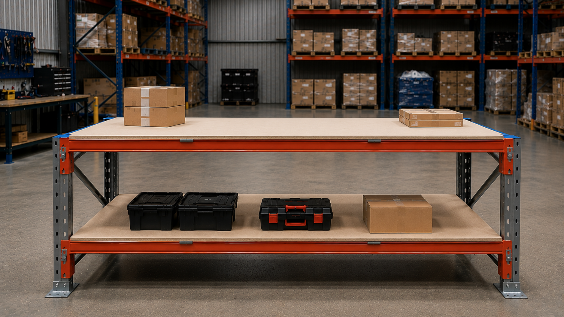 Heavy duty steel workbench in a warehouse setting with timber work surface and lower storage shelf, surrounded by pallet racking, boxed inventory, and storage containers.