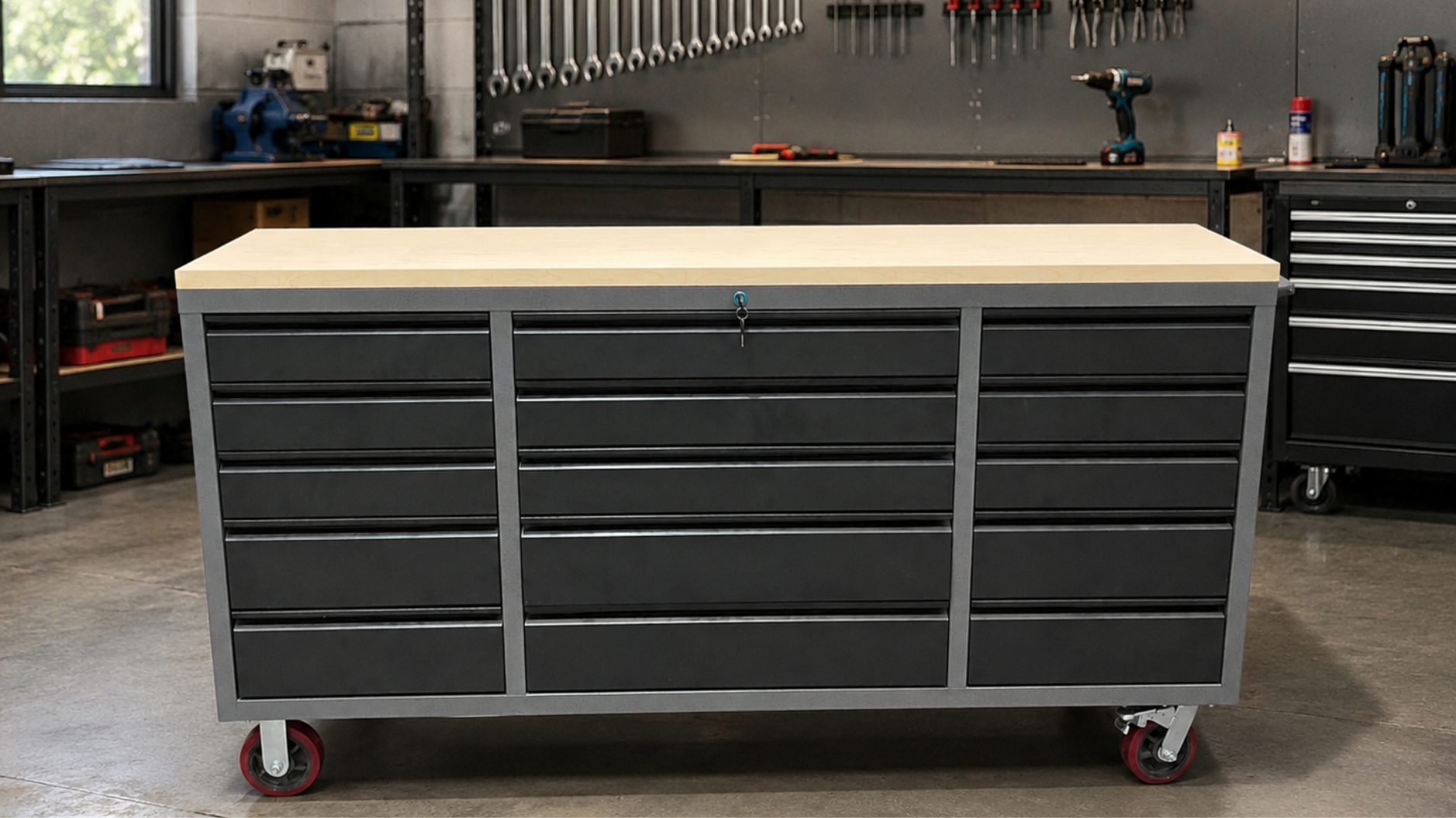 Heavy-duty mobile workshop workbench featuring lockable steel tool drawers, a durable timber work surface and industrial castor wheels, ideal for garages, workshops and trade environments
