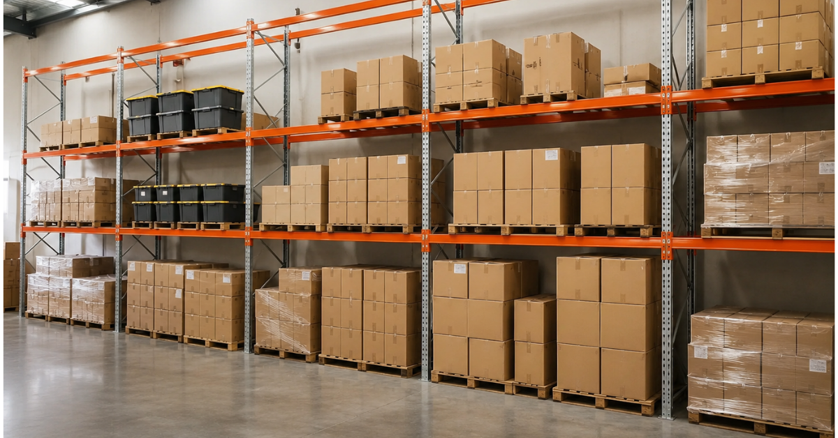 Heavy-duty adjustable storage racks and shelving in an organised Australian warehouse with steel storage shelves and units for commercial storage.
