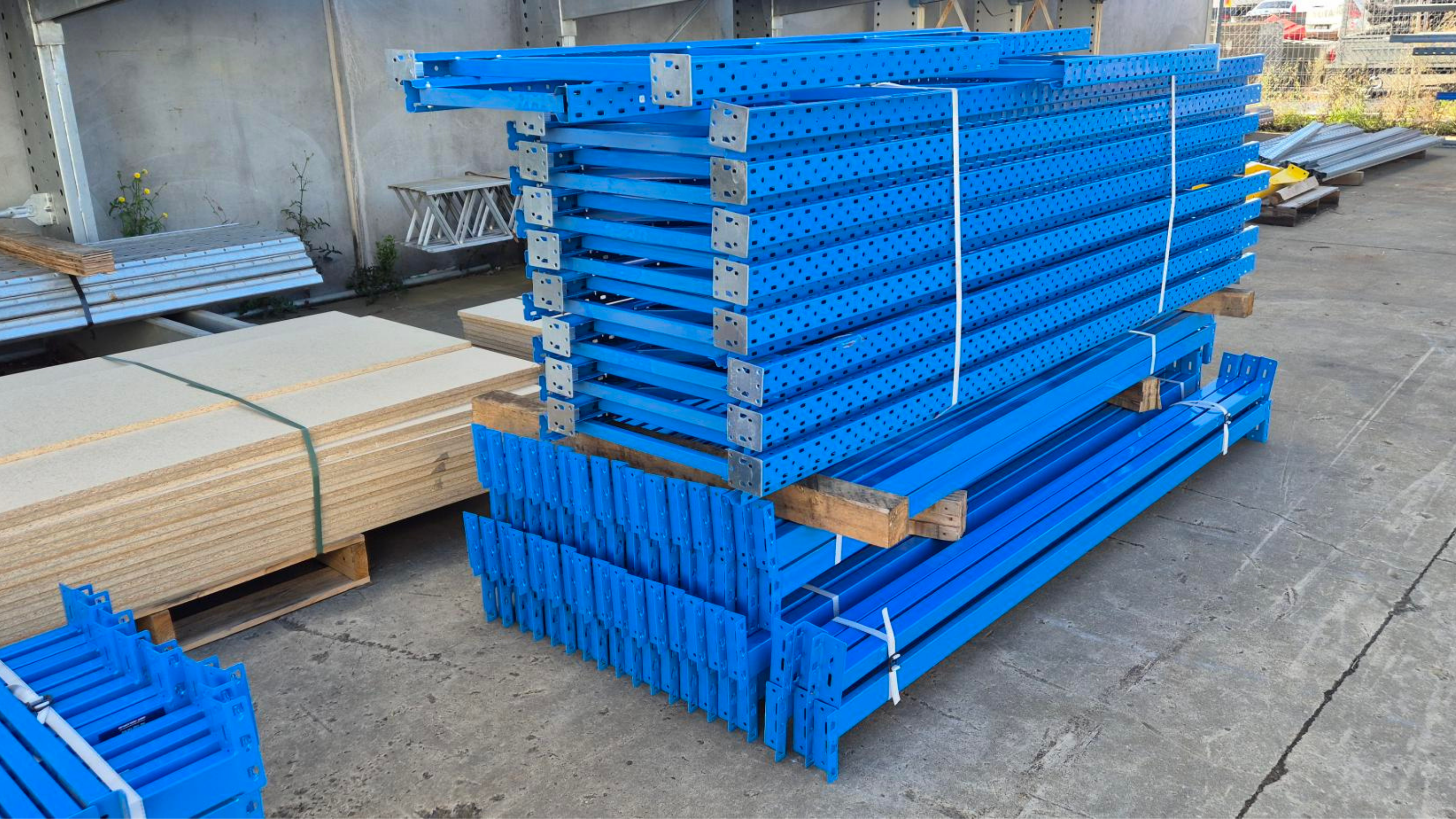 second hand longspan shelving beams and frames stacked in warehouse yard ready for installation