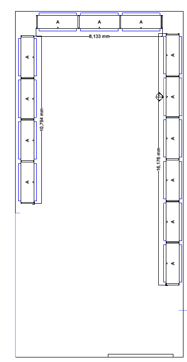 Technical drawing of a room layout with dimensions for warehouse pallet racking