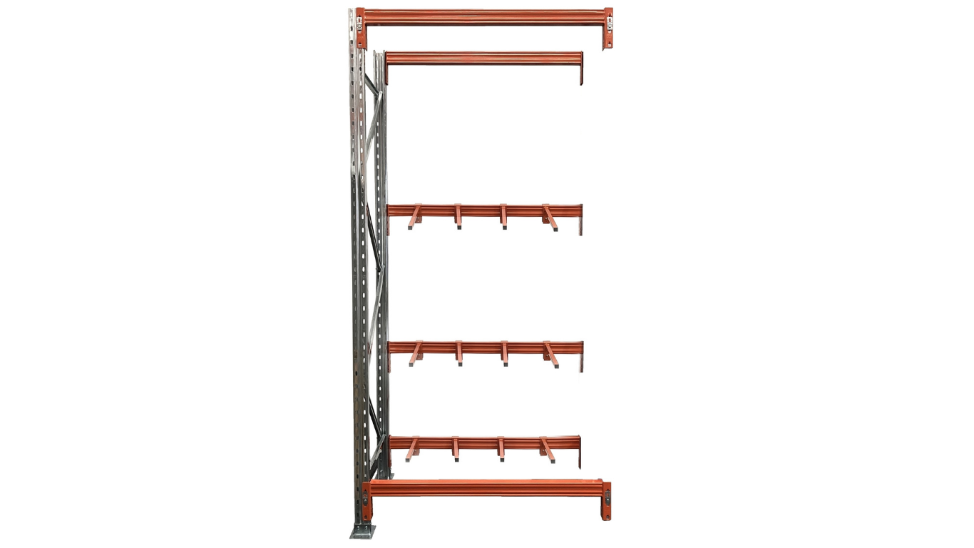 Vertical racking add on bay 3658mm high x 840mm deep heavy duty upright storage system for long length products on white background