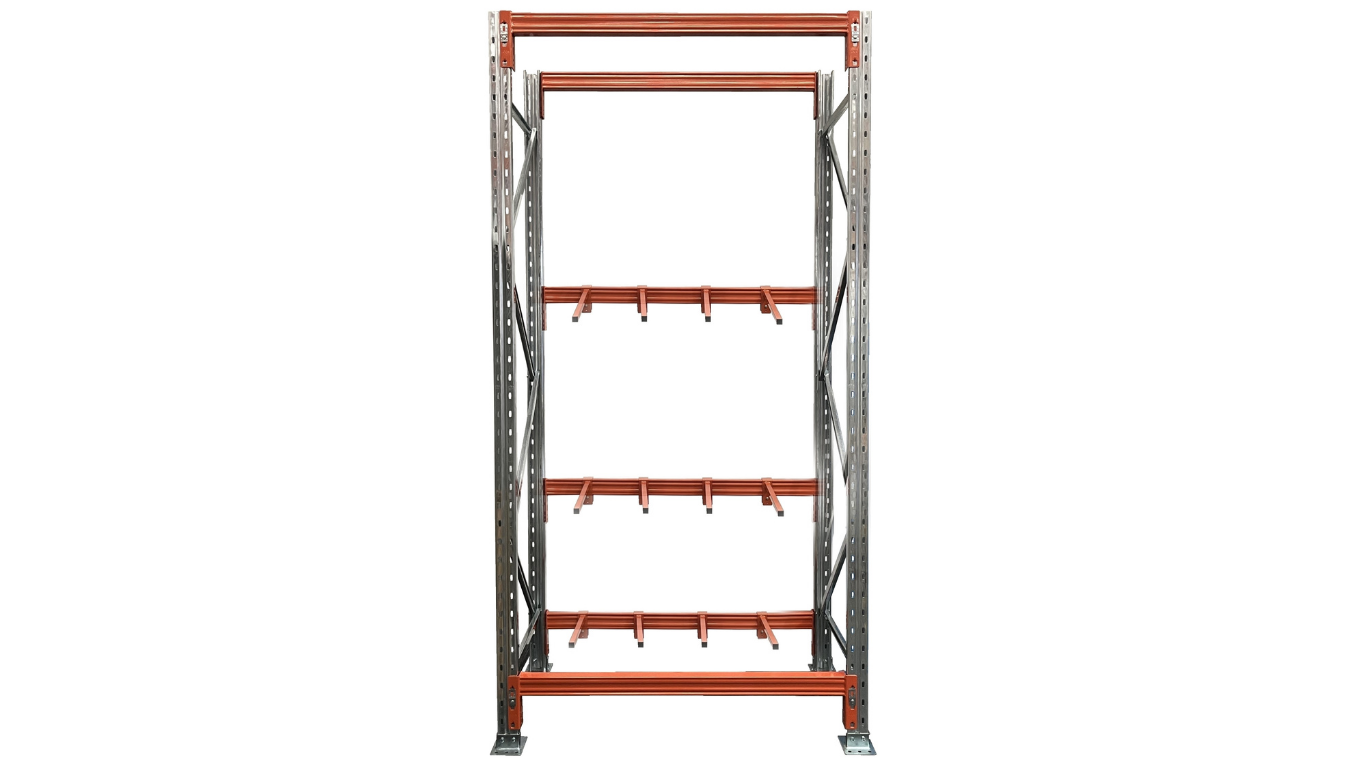 Vertical racking 3 space starter bay 3658mm high x 840mm deep heavy duty upright storage system for long length products on white background