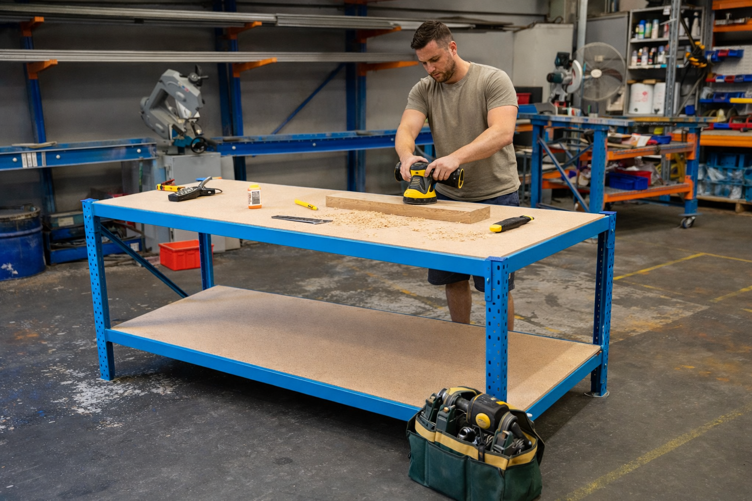 Heavy duty workbench in use with woodworking tools and man sanding timber in workshop