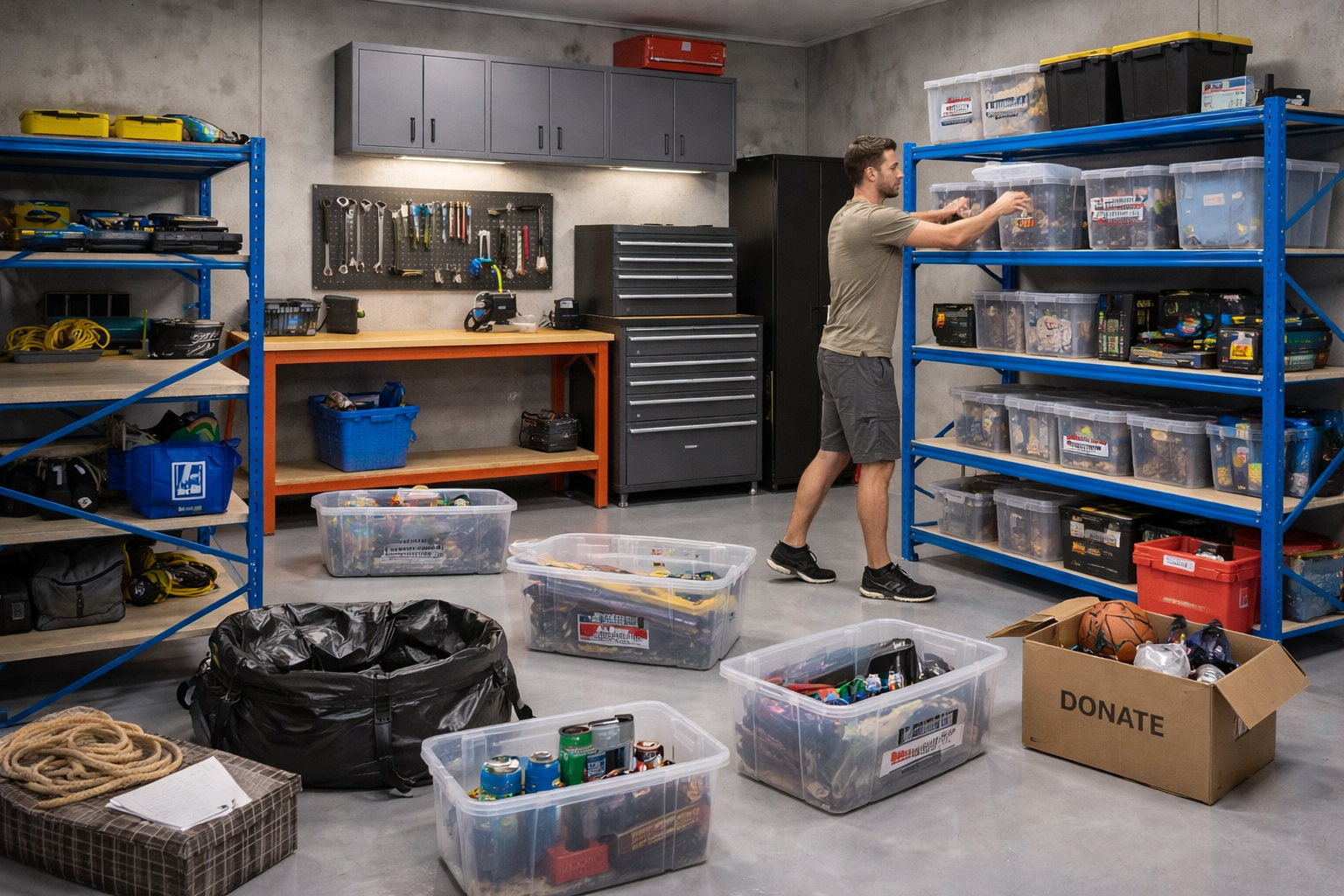 Garage clean and organise setup with storage tubs, shelving and workshop storage system