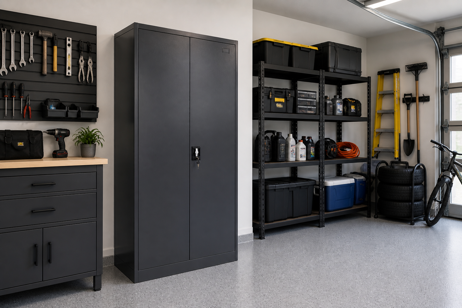 Heavy-duty garage storage cabinet with organised shelving and tools in a clean modern garage workspace setup
