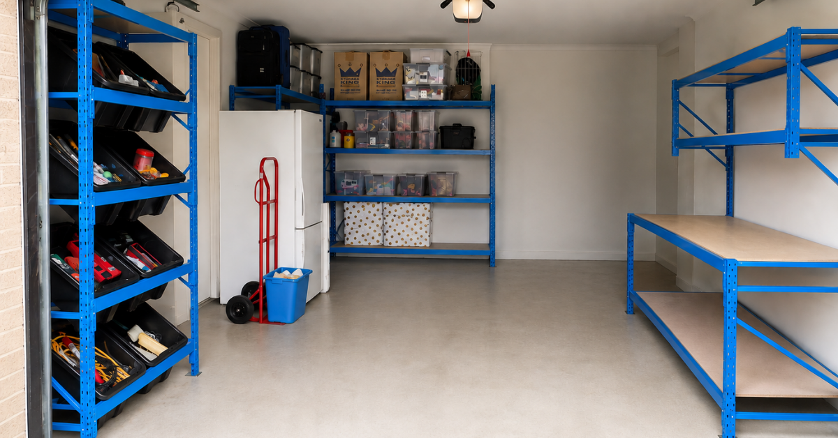 Garage layout featuring ReadyRack longspan shelving, storage bins and a workbench to create an organised and functional garage storage space.