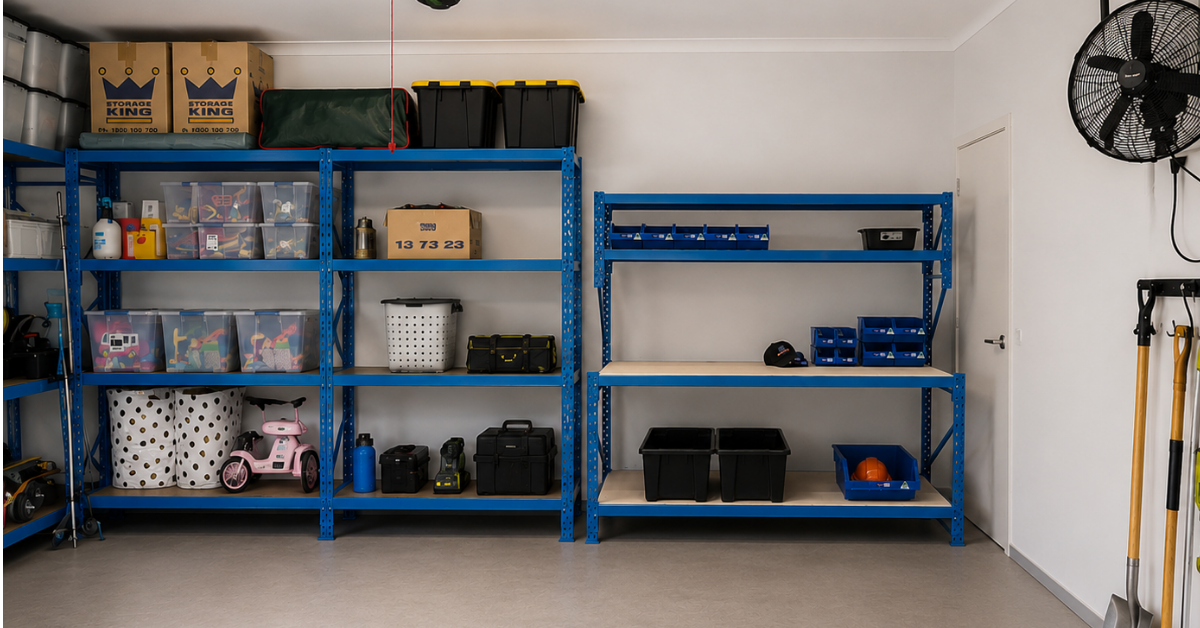 Multi-purpose Australian garage featuring garage shelving and workbenches with a heavy duty workbench with storage for DIY projects, storage and everyday organisation.