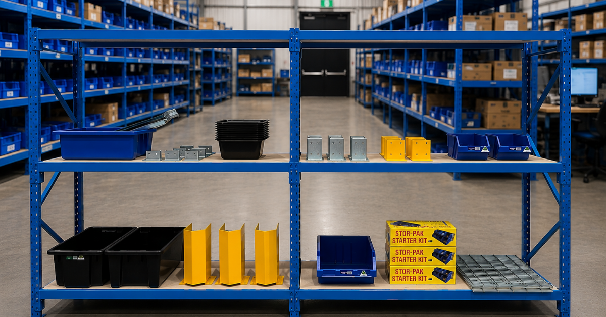 ReadyRack blue longspan shelving in an industrial warehouse picking area with storage tubs, parts bins, cartons and warehouse stock organised for efficient order picking.