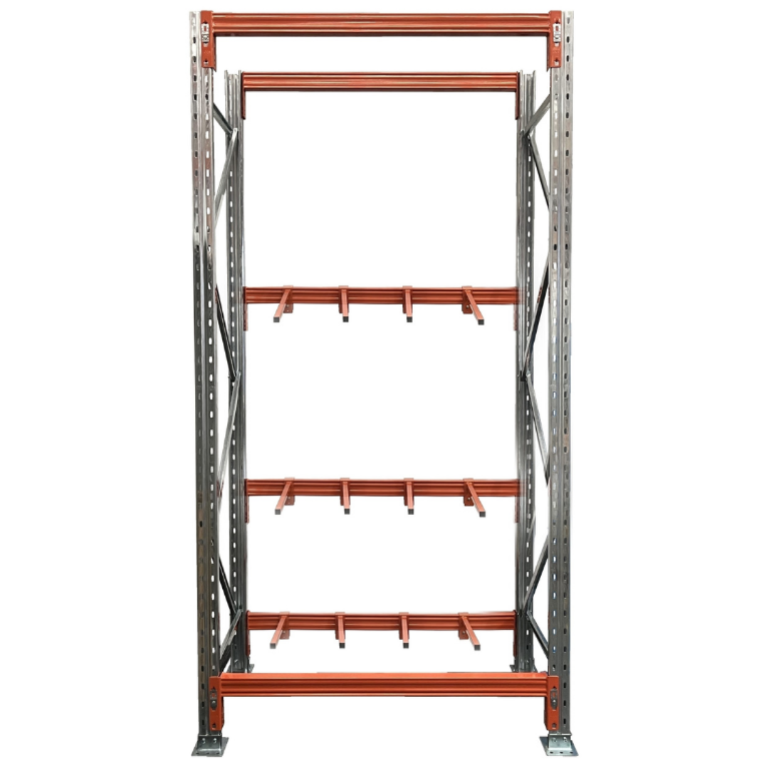 Vertical racking starter bay 3658mm high x 840mm deep heavy duty upright storage system for long length products on white background