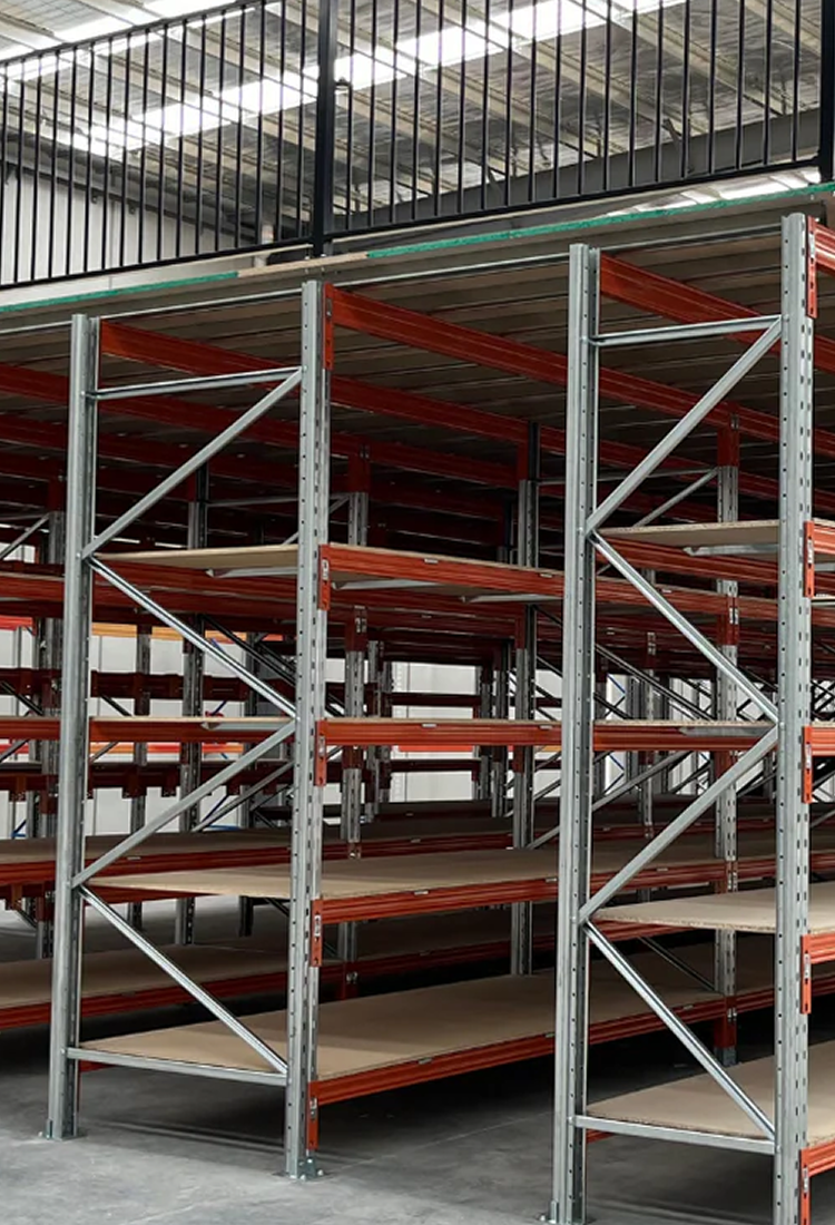 Metal shelving units in a warehouse setting